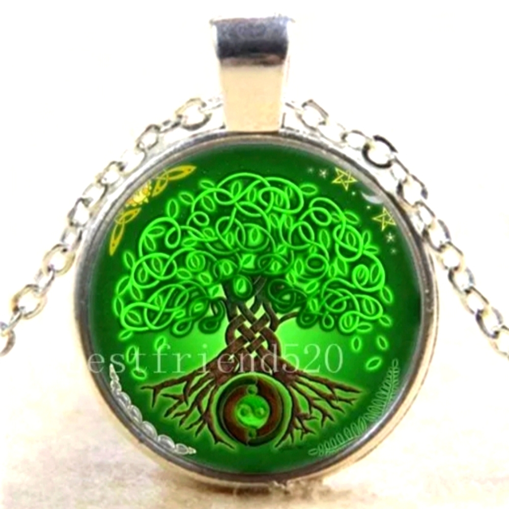 New Celtic Tree of Life Silver Glass Cab Necklace.